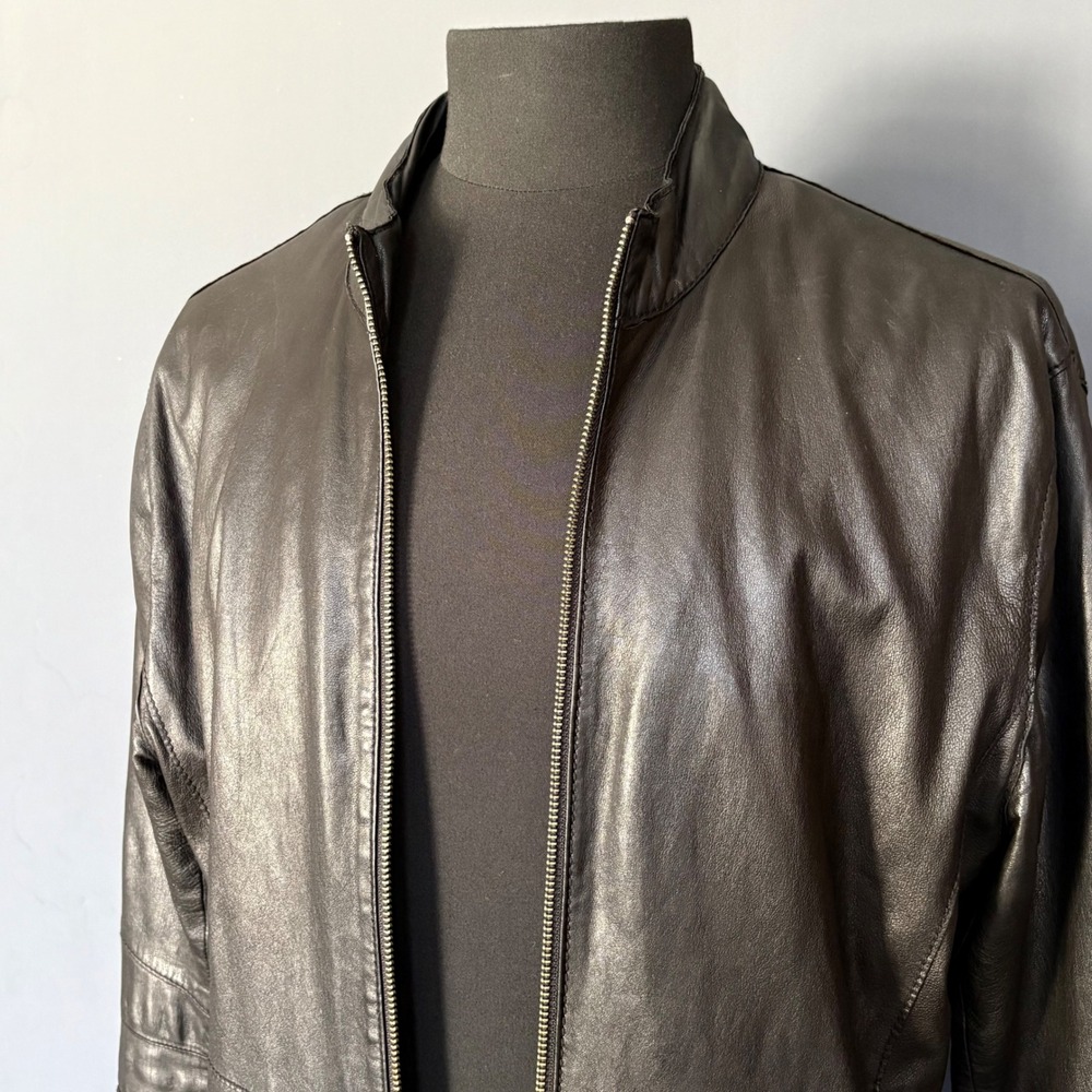 Vintage 90s Armani Jeans Leather Cafe Racer Jacket | Sz 50 M | Black | Lambskin